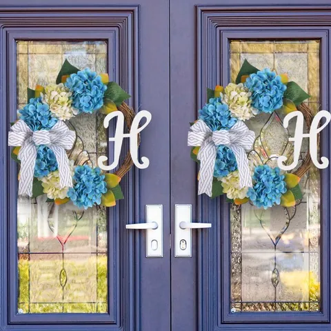 Handmade Blue and White Hydrangea Wreath With Striped Bow and Letter H Natural Dry Vine Base For Wedding Home Front Door Wall Decor