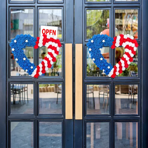 Patriotic USA Independence Day PU Rose Wreath Door Hanging Decor Stars Stripes Anchor Heart Round Festive Home Wall Ornament