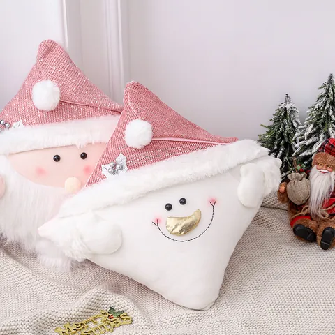 Funda de Almohada de Navidad Rosa Lindo 3D Papá Noel Muñeco de Nieve Funda de Cojín Decorativa Felpa Bordada para Decoración del Hogar Regalo de Navidad