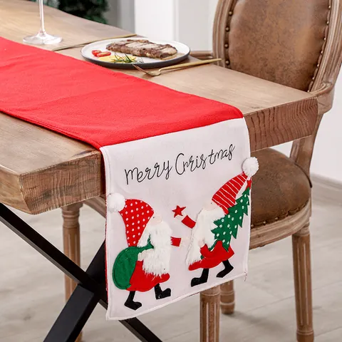 Christmas Table Runner Embroidered Gnomes Santa Claus Pattern Red White Velvet Tablecloth For Holiday Party Dining Table Decoration