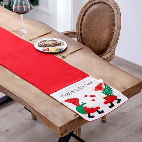 Christmas Table Runner Embroidered Gnomes Santa Claus Pattern Red White Velvet Tablecloth For Holiday Party Dining Table Decoration
