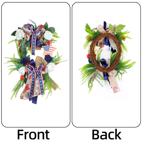 Independence Day Patriotic Wreath Red White Blue Polyester Flower Vine Base Star Stripe Bow Knot Door Window Hanging Decor
