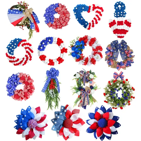Patriotic Independence Day Wreath USA Flag Star Stripes Door Hanging Outdoor Garden Wall Party Decoration July Fourth Decor
