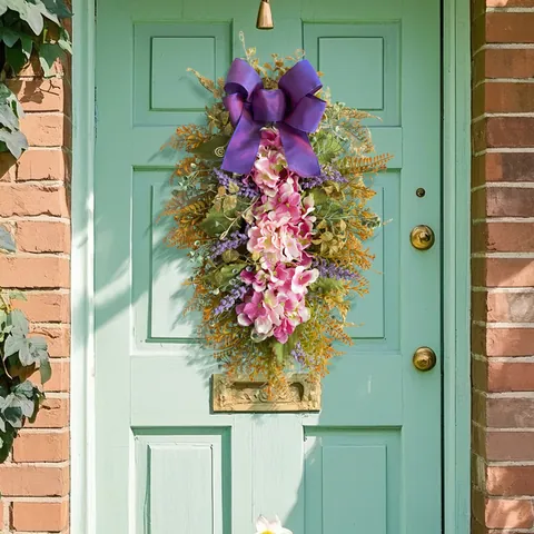 Artificial Purple Hydrangea Teardrop Wreath With Large Bow Floral Door Swag For Home Front Door Wall Hanging Decoration