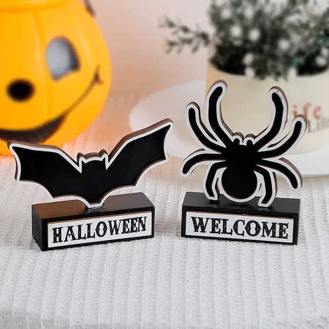 Adorno de Mesa de Madera para Halloween Murciélago Araña Fantasma Letrero Decorativo para Fiesta en Casa Escritorio