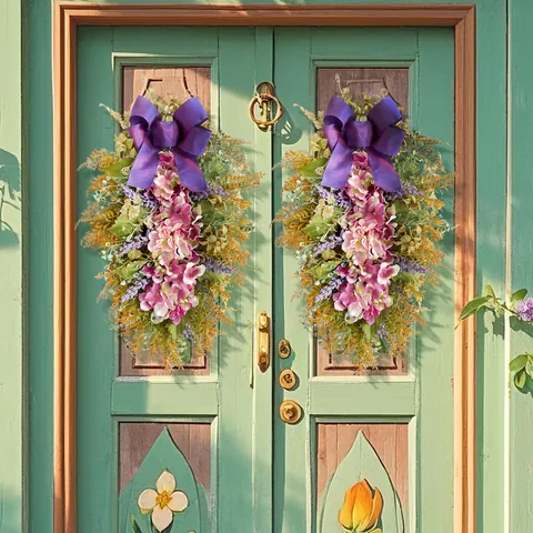 Artificial Purple Hydrangea Teardrop Wreath With Large Bow Floral Door Swag For Home Front Door Wall Hanging Decoration