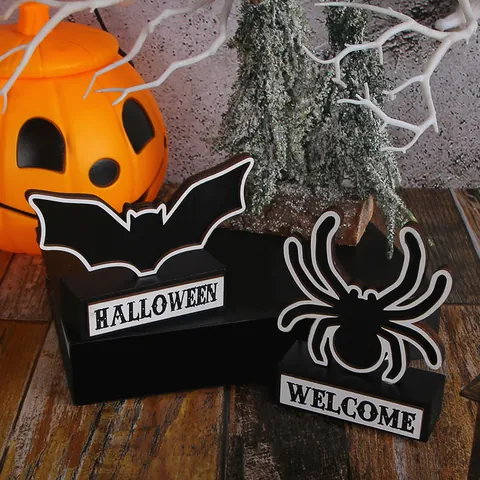 Adorno de Mesa de Madera para Halloween Murciélago Araña Fantasma Letrero Decorativo para Fiesta en Casa Escritorio