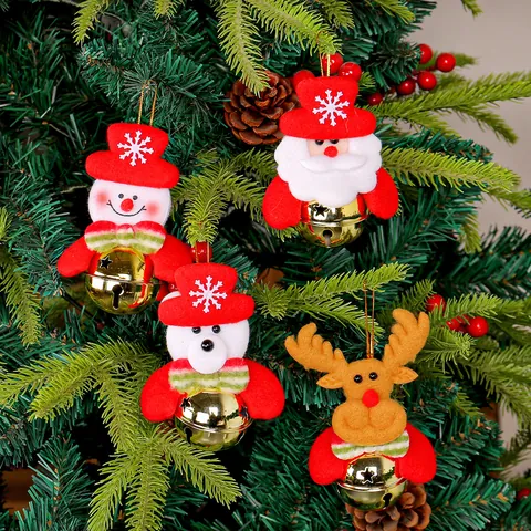 Christmas Hanging Ornaments Felt Cartoon Santa Snowman Reindeer Bear With Metal Golden Bell Holiday Tree Decoration