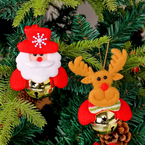 Christmas Hanging Ornaments Felt Cartoon Santa Snowman Reindeer Bear With Metal Golden Bell Holiday Tree Decoration