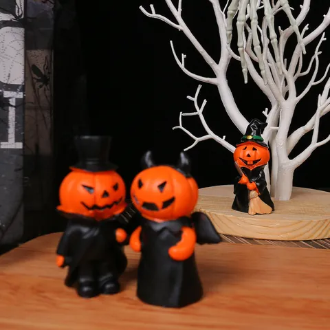 Halloween Mini Pumpkin Figurines Resin Ornaments Gentleman Devil Witch Pumpkin Head Statues For Home Office Party Decor