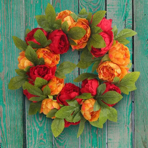 Artificial Peony Wreath Red Orange Silk Flower Garland For Front Door Wedding Party Home Wall Decoration Window Display