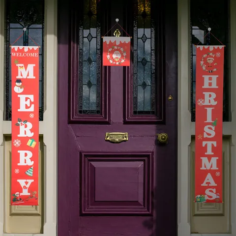 Merry Christmas Banner Couplet Door Hanging Decor For Home Shop Porch Decoration Cartoon Santa Snowman Printed Wall Banner