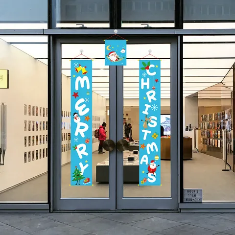 Polyester Christmas Couplet Hanging Banner Set Cartoon Santa Claus Snowman Reindeer Printed Porch Door Wall Holiday Decoration Banner