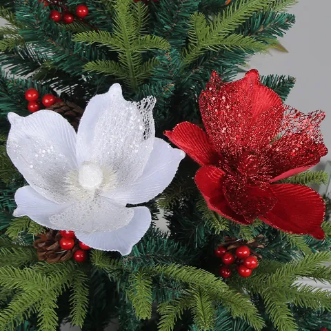 Kunstmatige Kerstbloemen Glitter Stof Poinsettia Holle Kant Ornamenten Voor Boom Feestelijke Huisdecoratie Glanzend