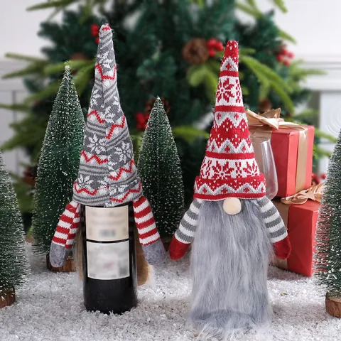 Housse de Bouteille de Vin de Gnome de Noël Père Noël Tricoté Poupée de Nain sans Visage pour Décoration de Table de Restaurant Bar