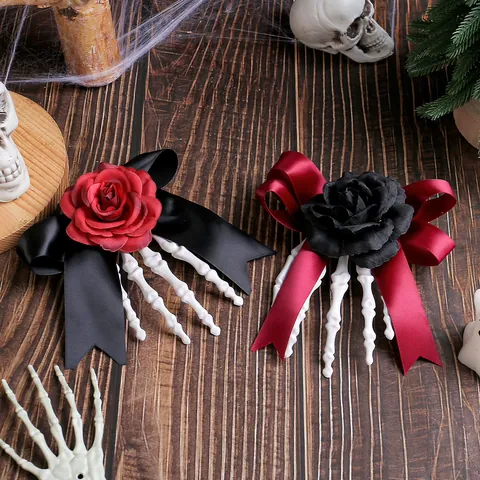 Halloween Skeleton Hand Hair Clips With Rose Bow Spooky Gothic Hairpins Costume Party Accessories For Women Girls Horror Theme Props