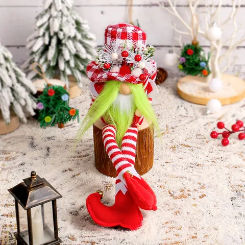 Christmas Long Legged Gnome Doll Red White Plaid Hat Green Beard Faceless Swedish Tomte Nisse Figurine Xmas Home Decor Ornament