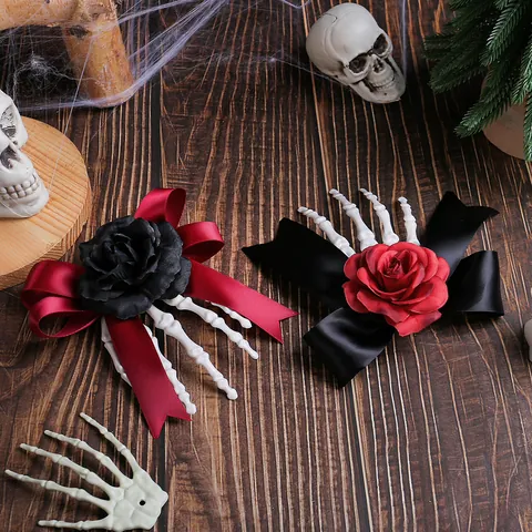 Halloween Skeleton Hand Hair Clips With Rose Bow Spooky Gothic Hairpins Costume Party Accessories For Women Girls Horror Theme Props