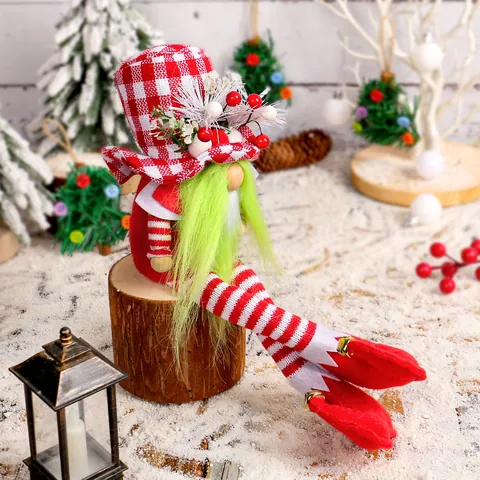 Christmas Long Legged Gnome Doll Red White Plaid Hat Green Beard Faceless Swedish Tomte Nisse Figurine Xmas Home Decor Ornament