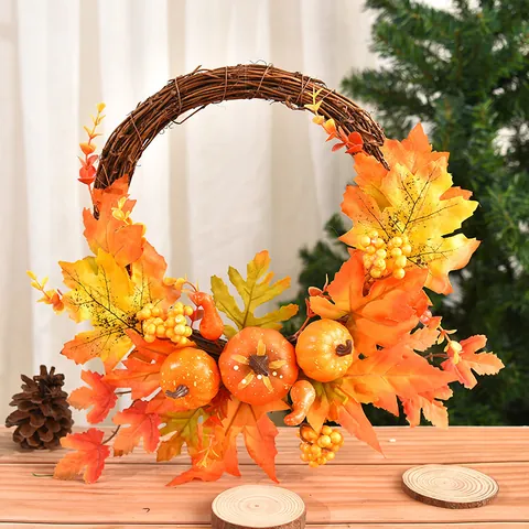 Halloween Autumn Wreath With Artificial Maple Leaf Pumpkin Rattan Ring For Front Door Wall Window Hanging Decoration Home Decor