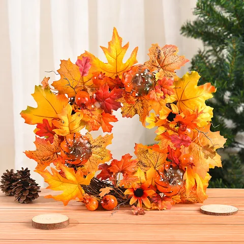 Halloween Autumn Wreath With Artificial Maple Leaf Pumpkin Rattan Ring For Front Door Wall Window Hanging Decoration Home Decor