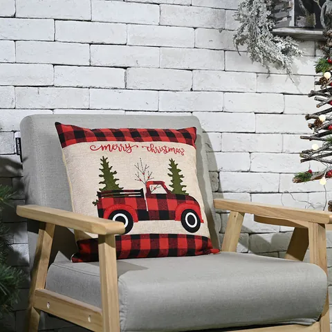 Funda de Almohada de Navidad Cuadros Buffalo Rojos y Negros Camión Funda de Cojín Decorativa Efecto Lino Poliéster Estampado Feliz Navidad