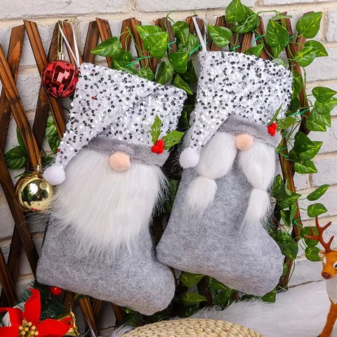 Christmas Stocking Gift Bag Sequin Gnome Faceless Old Man Hanging Ornament Candy Bag For Holiday Xmas Party Home Decoration