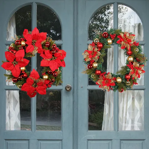 Christmas Wreath With Red Poinsettia Silk Flowers Gold Baubles Berries For Front Door Window Mall Wall Hanging Festival Decoration