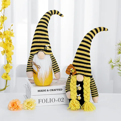 Bee Day Gnome Plush Decorations Handmade Knitted Faceless Doll Yellow Black Striped Honey Bee Gnomes Home Decor Ornaments