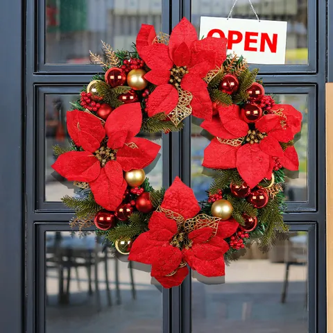 Christmas Wreath With Red Poinsettia Silk Flowers Gold Baubles Berries For Front Door Window Mall Wall Hanging Festival Decoration