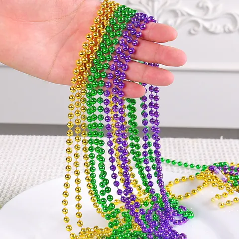 Mardi Gras Bead Chain Necklace Metallic Luster Plastic Beads Party Decoration For Parade Holiday Christmas Favors