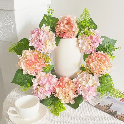 Artificial Hydrangea Wreath Pink Orange Plastic Flower Green Leaf Dead Branch Base Front Door Wall Hanging Decor