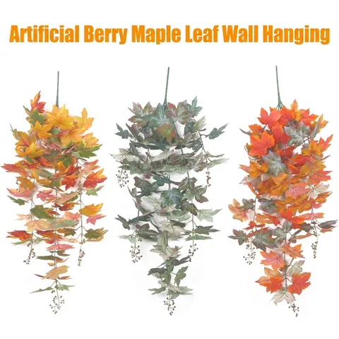 Artificial Maple Leaf Berry Wall Hanging Autumn Thanksgiving Decor Faux Foliage Vine For Home Window Display Party Garland