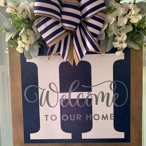 Personalized Alphabet Wooden Front Door Decorative Sign Welcome To Our Home With Bow And Artificial Greenery For Home Porch Wall Decor
