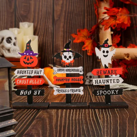 Halloween Wooden Sign Desk Ornament Cute Pumpkin Skull Ghost Signpost Tabletop Decoration For Festive Party Home Decor
