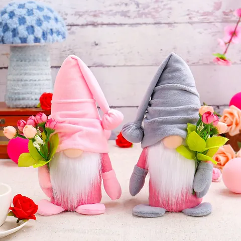 Valentine's Day Rudolph Gnome Plush Decoration Faceless Doll With Tulip Flower Bouquet Handmade Mother's Day Birthday Home Table Ornament