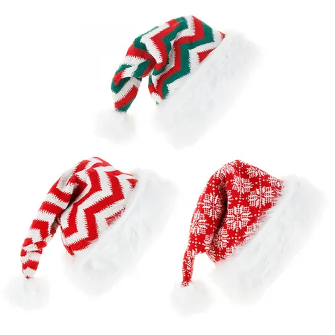 Cappello di Natale a Maglia Con Bordo in Peluche Pompon Fiocco di Neve Motivo a Strisce Morbido Cappello Babbo Natale Per Decorazione Festa