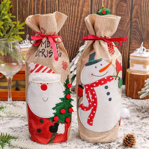 Weihnachten Sackleinen Weinflaschenhülle Tasche Weihnachtsmann Schneemann Muster Festliche Tischdekoration Weingeschenkbeutel Für Party