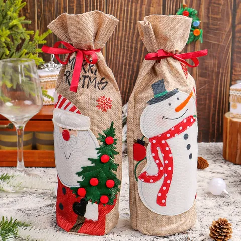Weihnachten Sackleinen Weinflaschenhülle Tasche Weihnachtsmann Schneemann Muster Festliche Tischdekoration Weingeschenkbeutel Für Party