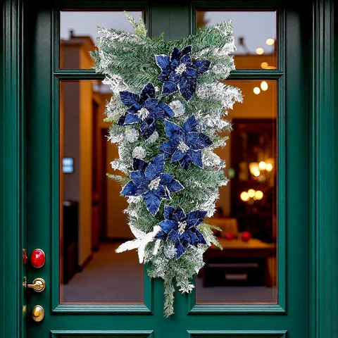 Christmas Teardrop Swag Deep Blue Velvet Poinsettia Frosted Pine Needles Silver Pine Cones Artificial Door Hanging Decor