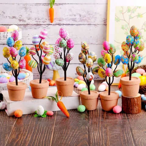 Easter Egg Potted Plant Desktop Ornament Cartoon Printed Bunny Chick Flower Egg Tree For Home Office Easter Party Decoration