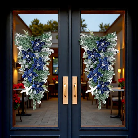 Christmas Teardrop Swag Deep Blue Velvet Poinsettia Frosted Pine Needles Silver Pine Cones Artificial Door Hanging Decor