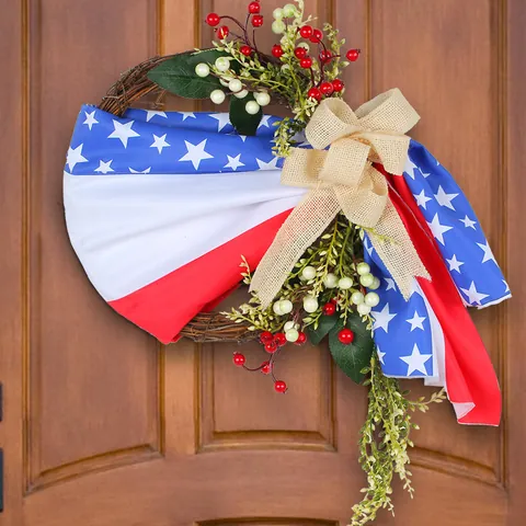 Patriotic USA Independence Day Wreath Red White Blue Star Burlap Bow Artificial Flower Door Hanging Outdoor Garden Party Decoration