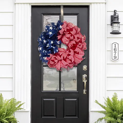Patriotic USA Independence Day Wreath Red White Blue Star Burlap Bow Artificial Flower Door Hanging Outdoor Garden Party Decoration