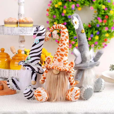 Zebra Print Rudolph Gnome Plush Doll Sitting Nordic Christmas Gnome Figurine Animal Faceless Doll For Home Window Decoration