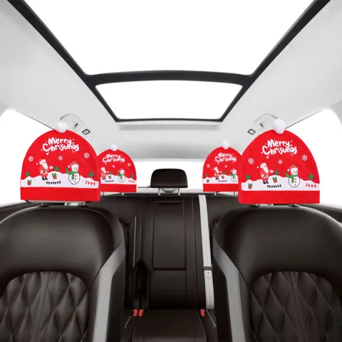Christmas Car Seat Headrest Covers Xmas Hat Design Car Decor Santa Snowman Printed Pattern Holiday Ornament Accessories
