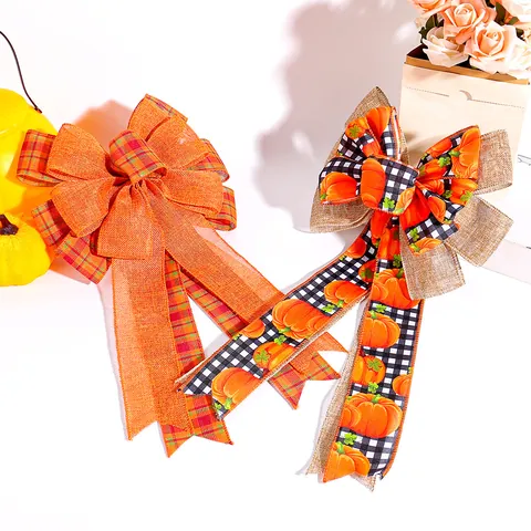 Gran Lazo Arpillera Acción Gracias Calabaza Cinta Cuadros Decoración Otoño Cosecha Corona Copa Árbol Decoración Hogar
