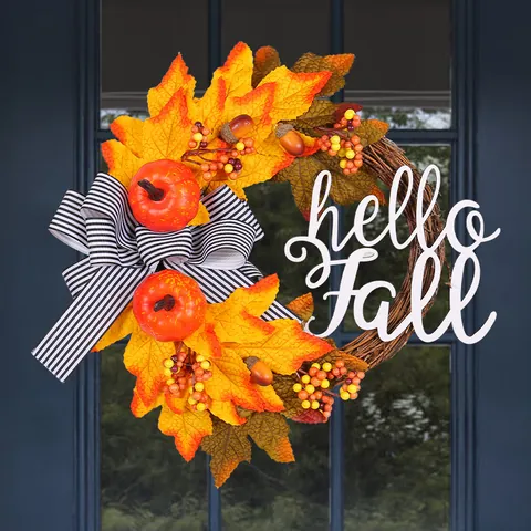 Autumn Harvest Maple Leaf Wreath With Hello Fall Sign Artificial Pumpkin Berry Ribbon Vine Wreath For Thanksgiving Home Front Door Wall Decor