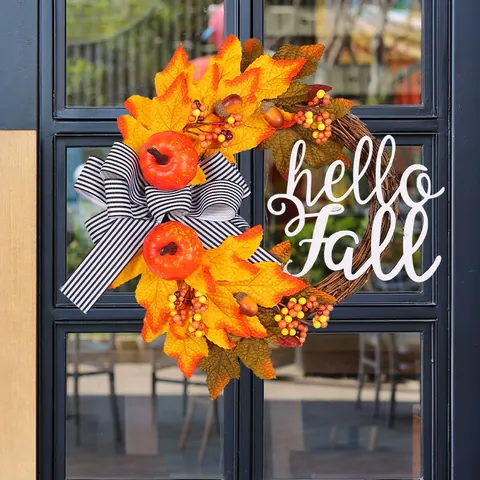 Autumn Harvest Maple Leaf Wreath With Hello Fall Sign Artificial Pumpkin Berry Ribbon Vine Wreath For Thanksgiving Home Front Door Wall Decor