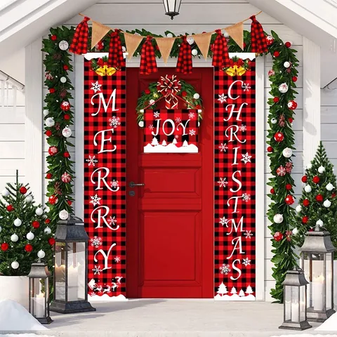 Christmas Red Black Buffalo Plaid Porch Sign Banner Set Merry Christmas Joy Door Hanging Decorations Party Supplies Outdoor Indoor Home Holiday Decor